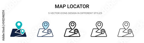 Map locator icon in filled, thin line, outline and stroke style. Vector illustration of two colored and black map locator vector icons designs can be used for mobile, ui, web