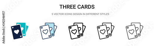 Three cards icon in filled, thin line, outline and stroke style. Vector illustration of two colored and black three cards vector icons designs can be used for mobile, ui, web