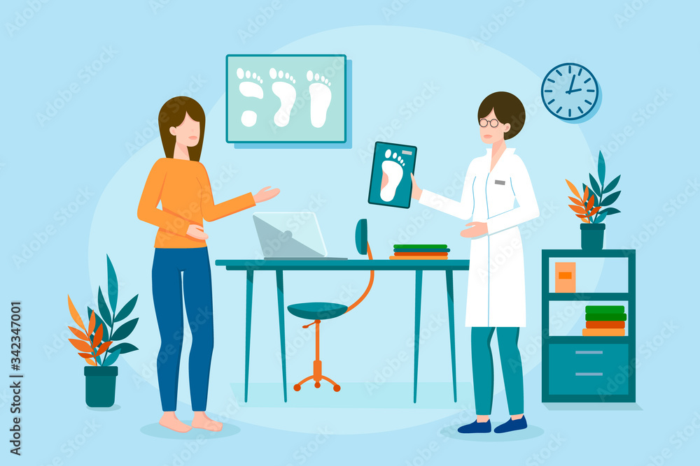 Patient visiting orthopedist doctor in the cabinet. Cartoon character with broken leg, fracture or flat feet has consultation of doctor on the blue background. Flat vector illustration. Patient visiting orthopedist doctor in the cabinet. Cartoon character with broken leg, fracture or flat feet has consultation of doctor on the blue background. Flat vector illustration.