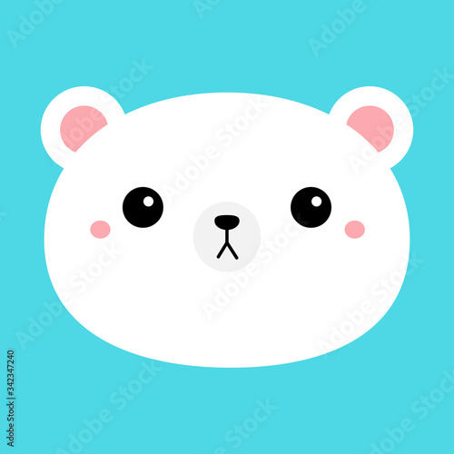 White bear cub round face head icon. Cartoon funny baby character. Cute kawaii animal. Kids print for poster, t-shirt cloth. Love card. Scandinavian style. Flat design. Blue background. Isolated.