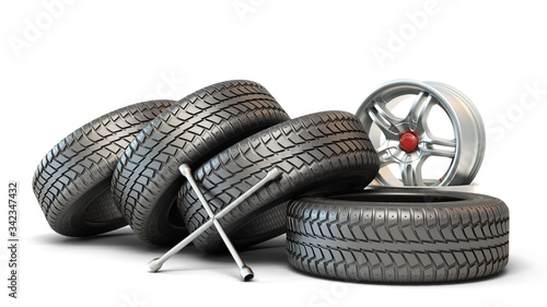 tire fitting concept car wheels in stack 3d illustration on white
