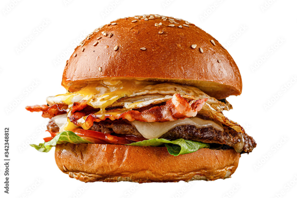 21 burger on a black background for the menu. Black and white burgers with meat, chicken cutlet, salad, egg.