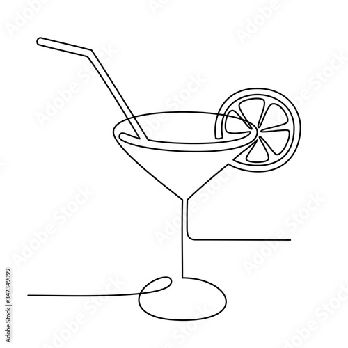 Continuous line drawing. Wineglass with cocktail and lemon. Isolated on white background. Hand drawn vector illustration. 