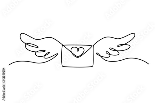 Continuous line drawing. Love letter with heart and wings. Valentine's day. Template for love cards and invitations. Isolated on white background. Hand drawn vector illustration. 