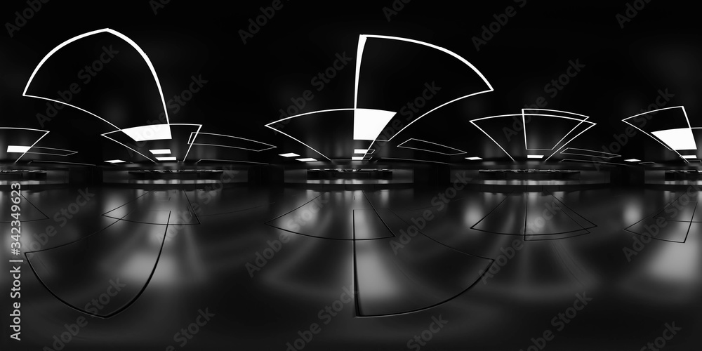 Full 360 degree equirectangular panorama hdri of dark modern futuristic  shiny reflective building interior 3d render illustration Stock  Illustration