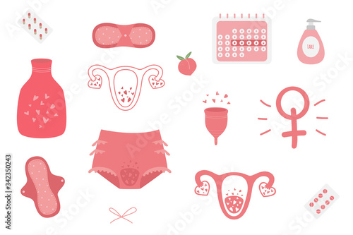 Menstrual set with menstrual cup, reusable cloth pads, pants, uterus, pills, hot water bottle. Feminine period hygiene products. Zero waste menstruation period concept. Flat. Vector stock illustration