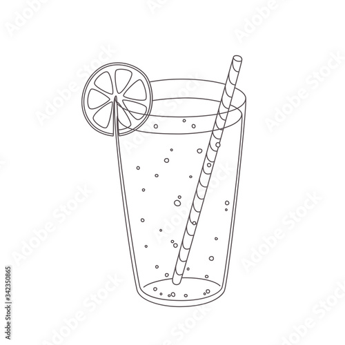 Vector illustration of  lemonade in a glass with straw and lemon slice. Expanded stroke. Isolated on white background.