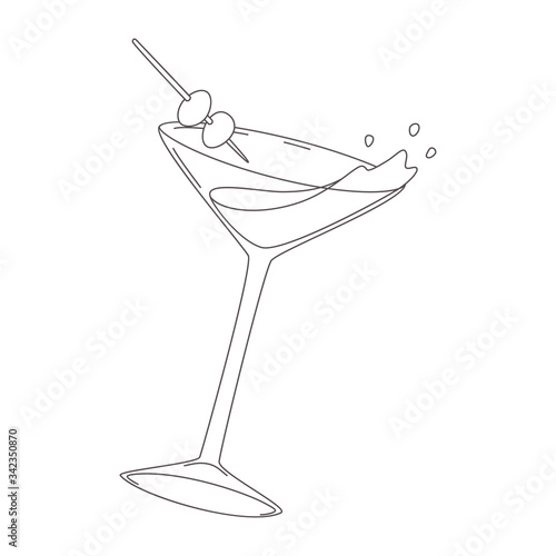 Vector illustration of vermouth in glass with olives. Expanded stroke.Isolated on white background.