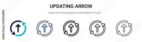 Updating arrow icon in filled, thin line, outline and stroke style. Vector illustration of two colored and black updating arrow vector icons designs can be used for mobile, ui, web
