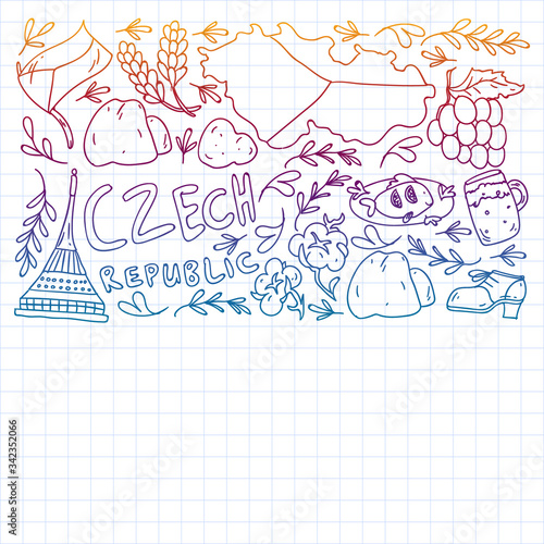 Vector pattern with symbols of Czech Republic. Set with tourism icons and landscapes elements. Travel to country. City, cathedral, building, European architecture. Illustration with landmarks