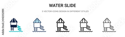 Water slide icon in filled, thin line, outline and stroke style. Vector illustration of two colored and black water slide vector icons designs can be used for mobile, ui, web