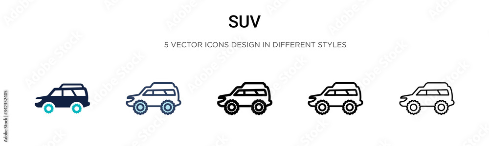 Suv icon in filled, thin line, outline and stroke style. Vector illustration of two colored and black suv vector icons designs can be used for mobile, ui, web
