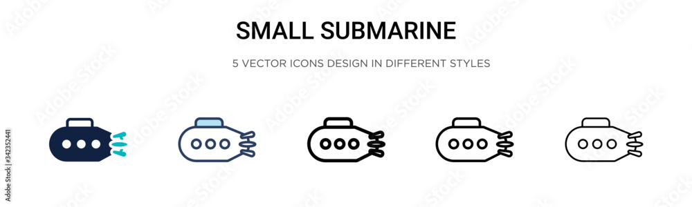 Small submarine icon in filled, thin line, outline and stroke style. Vector illustration of two colored and black small submarine vector icons designs can be used for mobile, ui, web