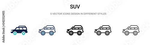 Suv icon in filled, thin line, outline and stroke style. Vector illustration of two colored and black suv vector icons designs can be used for mobile, ui, web
