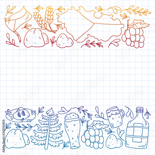 Vector pattern with symbols of Czech Republic. Set with tourism icons and landscapes elements. Travel to country. City, cathedral, building, European architecture. Illustration with landmarks