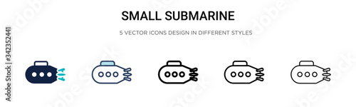 Small submarine icon in filled, thin line, outline and stroke style. Vector illustration of two colored and black small submarine vector icons designs can be used for mobile, ui, web