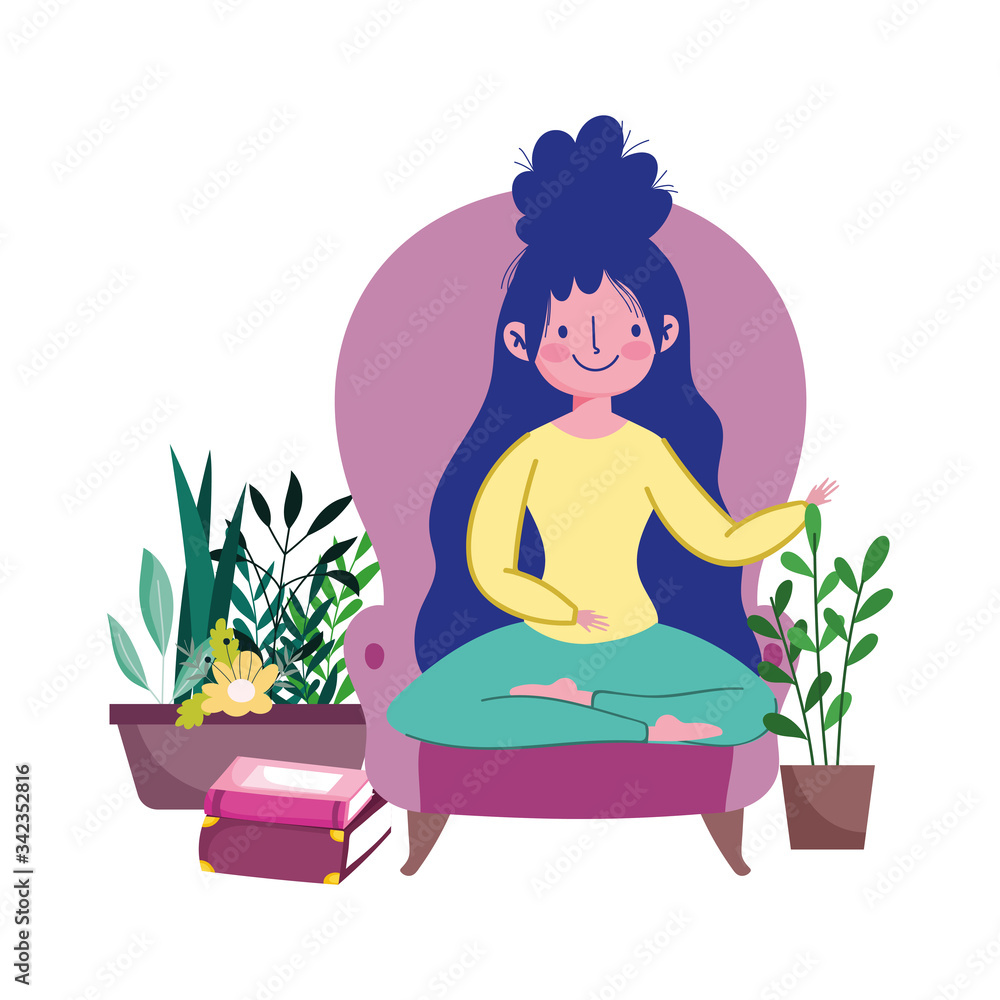 stay at home, young woman in chair with books and plants stay at home, young woman in chair with books and plants