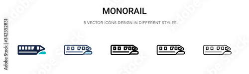 Monorail icon in filled, thin line, outline and stroke style. Vector illustration of two colored and black monorail vector icons designs can be used for mobile, ui, web photo