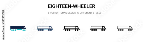 Eighteen-wheeler icon in filled, thin line, outline and stroke style. Vector illustration of two colored and black eighteen-wheeler vector icons designs can be used for mobile, ui, web