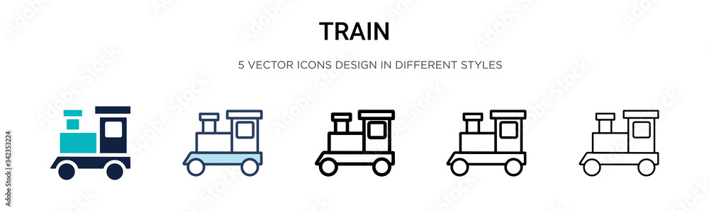 Train icon in filled, thin line, outline and stroke style. Vector illustration of two colored and black train vector icons designs can be used for mobile, ui, web