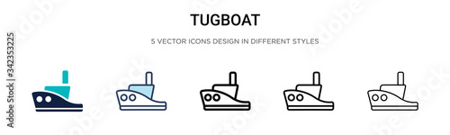 Tugboat icon in filled, thin line, outline and stroke style. Vector illustration of two colored and black tugboat vector icons designs can be used for mobile, ui, web photo
