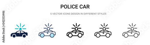Police car icon in filled, thin line, outline and stroke style. Vector illustration of two colored and black police car vector icons designs can be used for mobile, ui, web