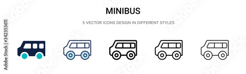 Minibus icon in filled, thin line, outline and stroke style. Vector illustration of two colored and black minibus vector icons designs can be used for mobile, ui, web