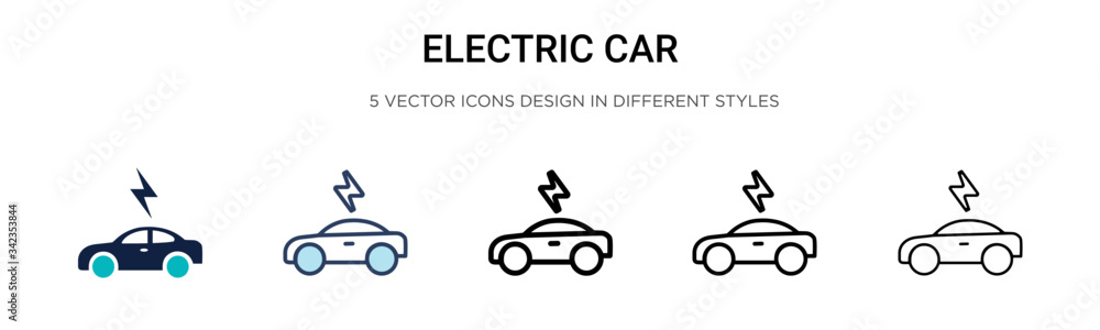 Electric car icon in filled, thin line, outline and stroke style. Vector illustration of two colored and black electric car vector icons designs can be used for mobile, ui, web