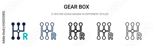 Gear box icon in filled, thin line, outline and stroke style. Vector illustration of two colored and black gear box vector icons designs can be used for mobile, ui, web