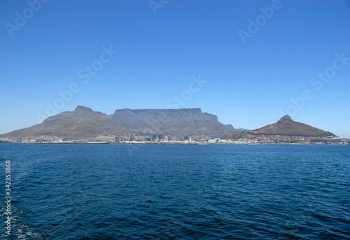 Full view of Table Mountain from boat to Robben Island, Cape Town, South Africa