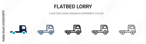 Flatbed lorry icon in filled, thin line, outline and stroke style. Vector illustration of two colored and black flatbed lorry vector icons designs can be used for mobile, ui, web