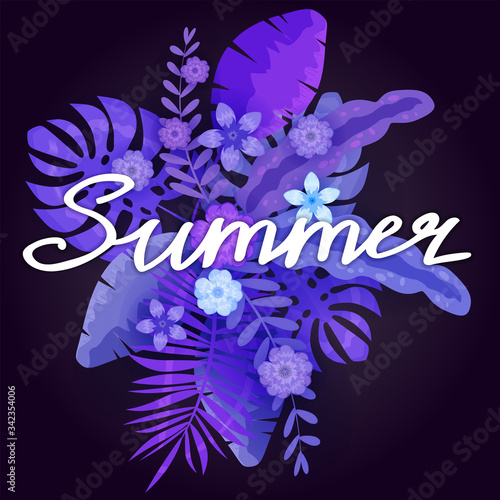 Summer trendy neon tropical leaves exotical plants palm jungle leaf lettering