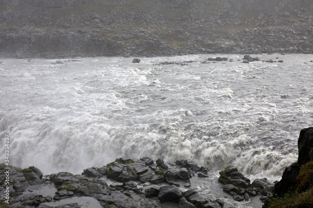 Iceland - August 30, 2017: Dettifoss the most powerful waterfall in Iceland and in the whole Europe, Iceland, Europe