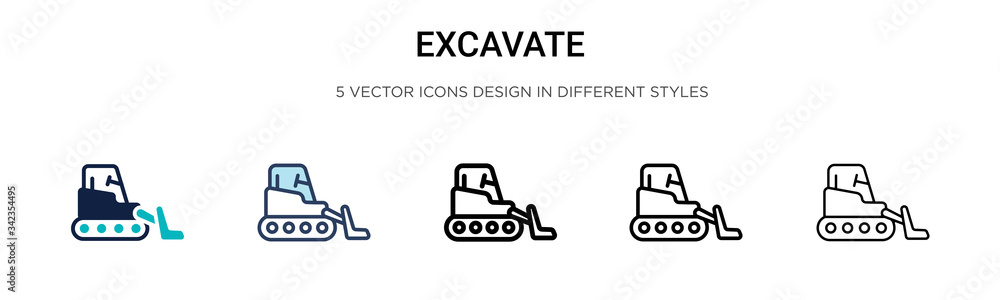 Excavate icon in filled, thin line, outline and stroke style. Vector illustration of two colored and black excavate vector icons designs can be used for mobile, ui, web
