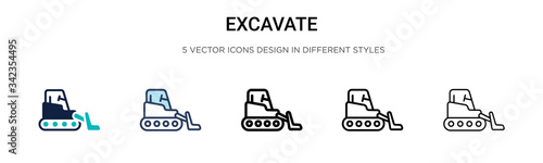 Excavate icon in filled, thin line, outline and stroke style. Vector illustration of two colored and black excavate vector icons designs can be used for mobile, ui, web