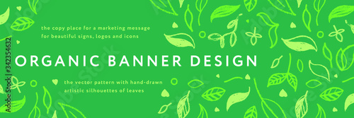 Environmental background. Natural hand-drawn organic food label, eco banner, healthy food concept, herbal seamless ornament, leaf pattern. Eco texture for green thinking — Spring. Modern agriculture.