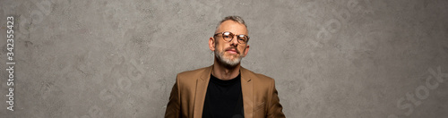 panoramic shot of bearded businessman in glasses looking at camera on grey
