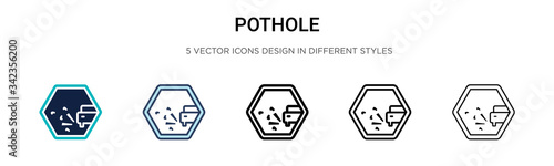Pothole sign icon in filled, thin line, outline and stroke style. Vector illustration of two colored and black pothole sign vector icons designs can be used for mobile, ui, web