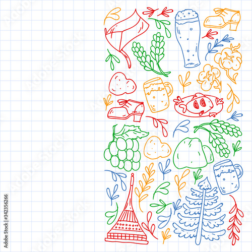 Vector pattern with symbols of Czech Republic. Set with tourism icons and landscapes elements. Travel to country. City, cathedral, building, European architecture. Illustration with landmarks