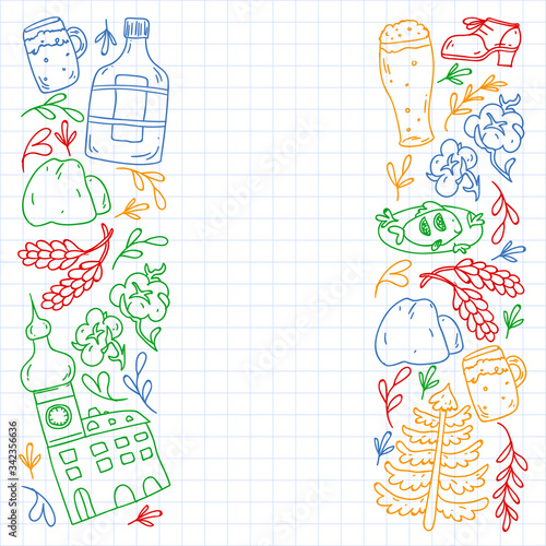 Vector pattern with symbols of Czech Republic. Set with tourism icons and landscapes elements. Travel to country. City, cathedral, building, European architecture. Illustration with landmarks