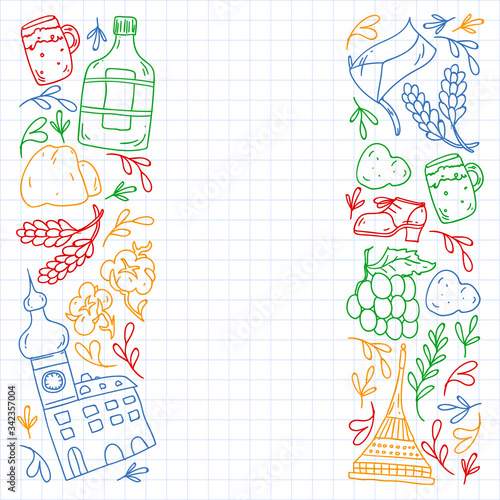 Vector pattern with symbols of Czech Republic. Set with tourism icons and landscapes elements. Travel to country. City, cathedral, building, European architecture. Illustration with landmarks