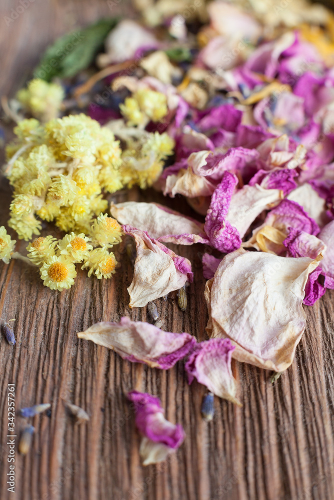 Closeup of dry mix of flowers with selective focus Closeup of dry mix of flowers with selective focus