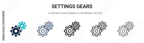 Settings gears icon in filled, thin line, outline and stroke style. Vector illustration of two colored and black settings gears vector icons designs can be used for mobile, ui, web
