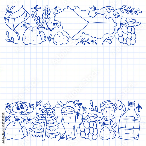 Vector pattern with symbols of Czech Republic. Set with tourism icons and landscapes elements. Travel to country. City, cathedral, building, European architecture. Illustration with landmarks