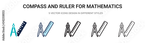 Compass and ruler for mathematics icon in filled, thin line, outline and stroke style. Vector illustration of two colored and black compass and ruler for mathematics vector icons designs can be used