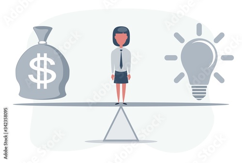 Lightbulb and dollars on balance. Idea and money bag balanced on scales. Idea is money. Business concept. Vector flat design illustration.