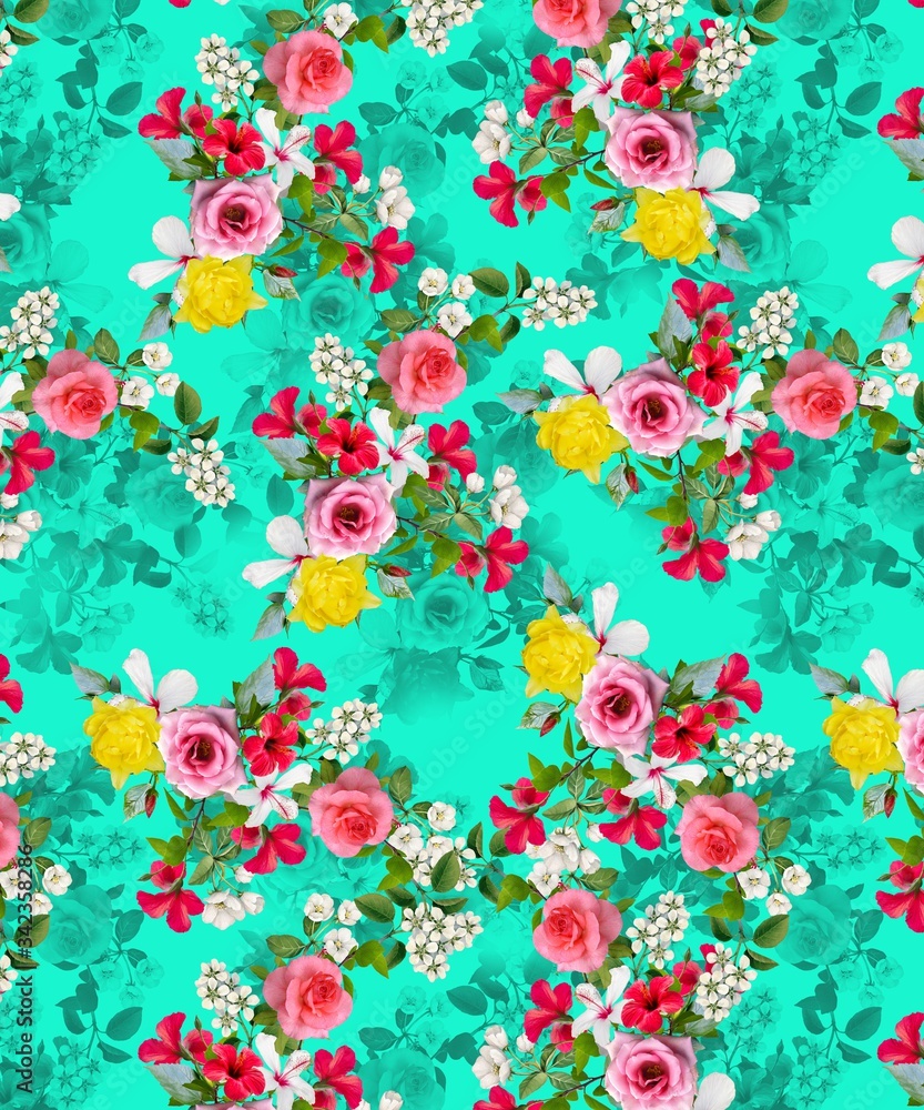 Illustration with seamless pattern floral design. Beautiful seamless pattern on colored background with tropical flowers and plants. Composition with flowers and leaves. Stylish print for textile.