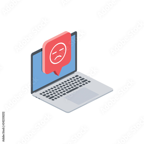 Laptop chat bubble negative feedback message. Vector 3d isometric, color web icon, new flat style. Creative illustration design, isolated graphic idea for infographics.