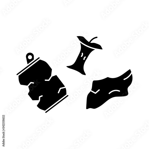 Cutout silhouette of Trash set. Apple core, crushed metal can, paper. Outline icon of types of garbage. Black simple illustration of waste sorting. Flat isolated vector image on white background