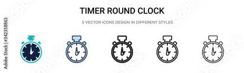 Timer round clock icon in filled, thin line, outline and stroke style. Vector illustration of two colored and black timer round clock vector icons designs can be used for mobile, ui, web